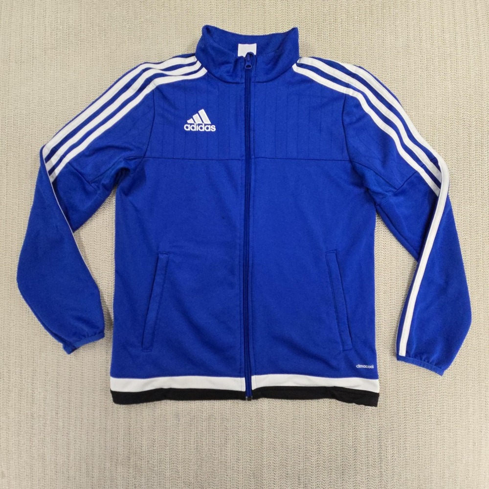 Adidas Track Jacket Youth Large 13-14 Blue Full Zip Climacool 3 Stripe Logo